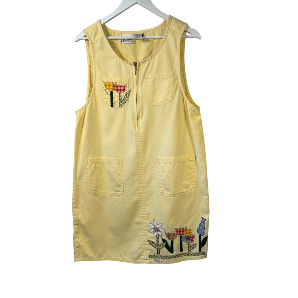 Beverlys Vintage Yellow Denim Jumper Dress Floral Patchwork Embroidery Medium